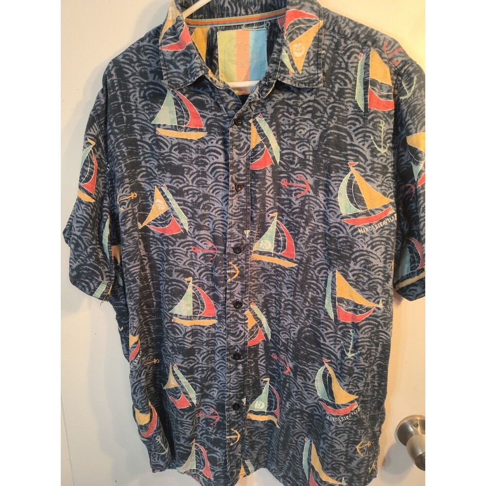 Margaritaville Eco Shirt Mens Large Sailboat Nautical Silk Blend Button Down...